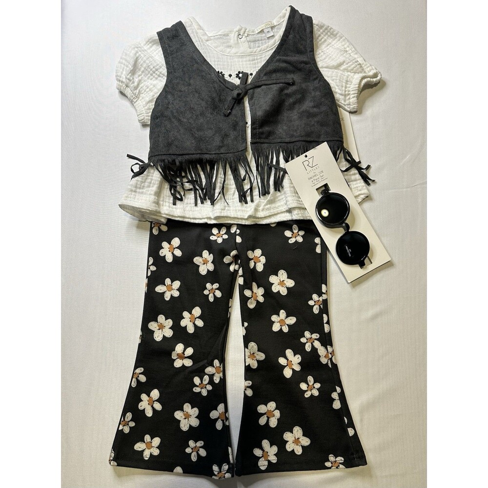 Rachel Zoe Girls 4 Piece Set Size 2T New Boho Floral Pants Top Vest Sunglasses